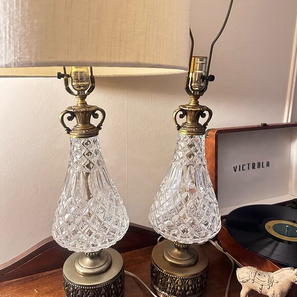 FREE SHIP Hollywood Regency TWO SET Vintage Lamp Crystal Glass Like Westfield - Picture 10 of 16